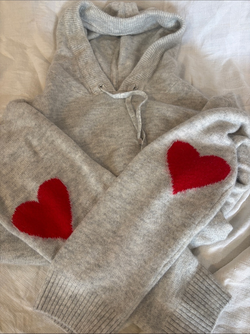 Womens Light Gray Hooded Pullover Sweater with Heart details on Elbows Size L